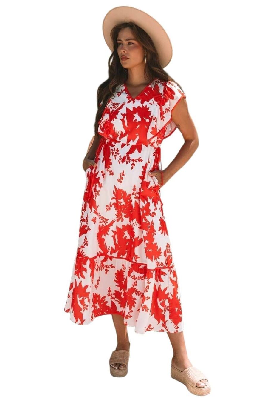 Mod Boutique Red White Floral Maxi Dress S EUC Lined Polyester Pockets